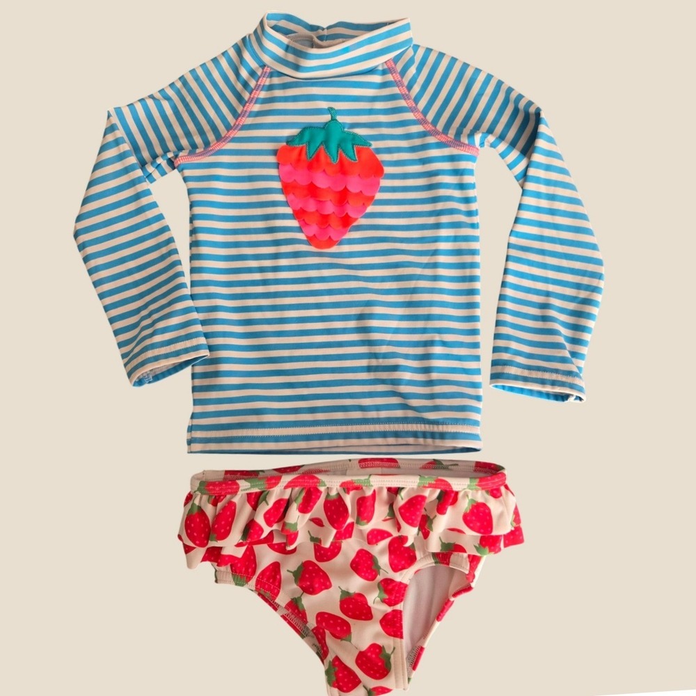 Baby Boden Girls Blue White Striped Strawberry Rash Guard Swimsuit Set 12-18M